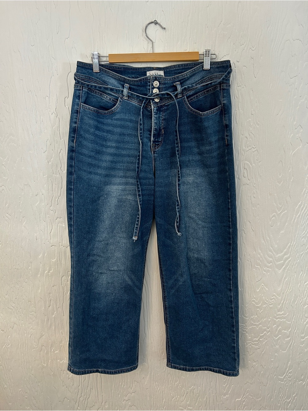 NICOLE MILLER Soho Wide Leg Jeans Crop Size 12 Waist Tie Blue Western Stretch